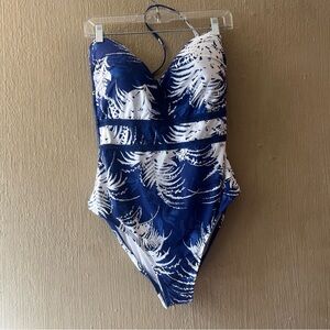 La Blanca Tropical palm leaf Bandeau Swimsuit One Piece blue white sz 16 halter